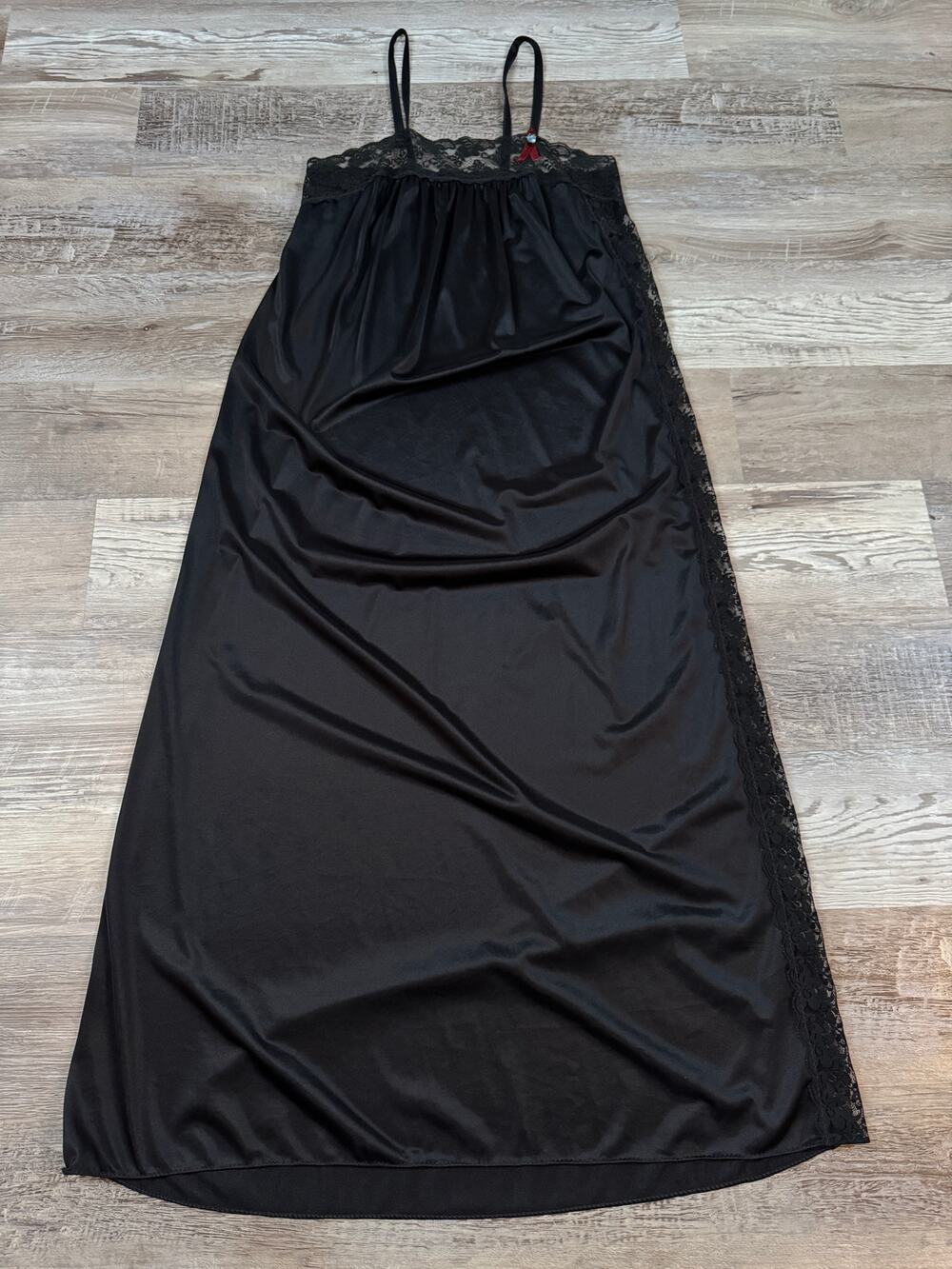 Vintage Black Lace Trim Maxi Nightgown Slip Dress Negligee Goth Boudoir Lingerie